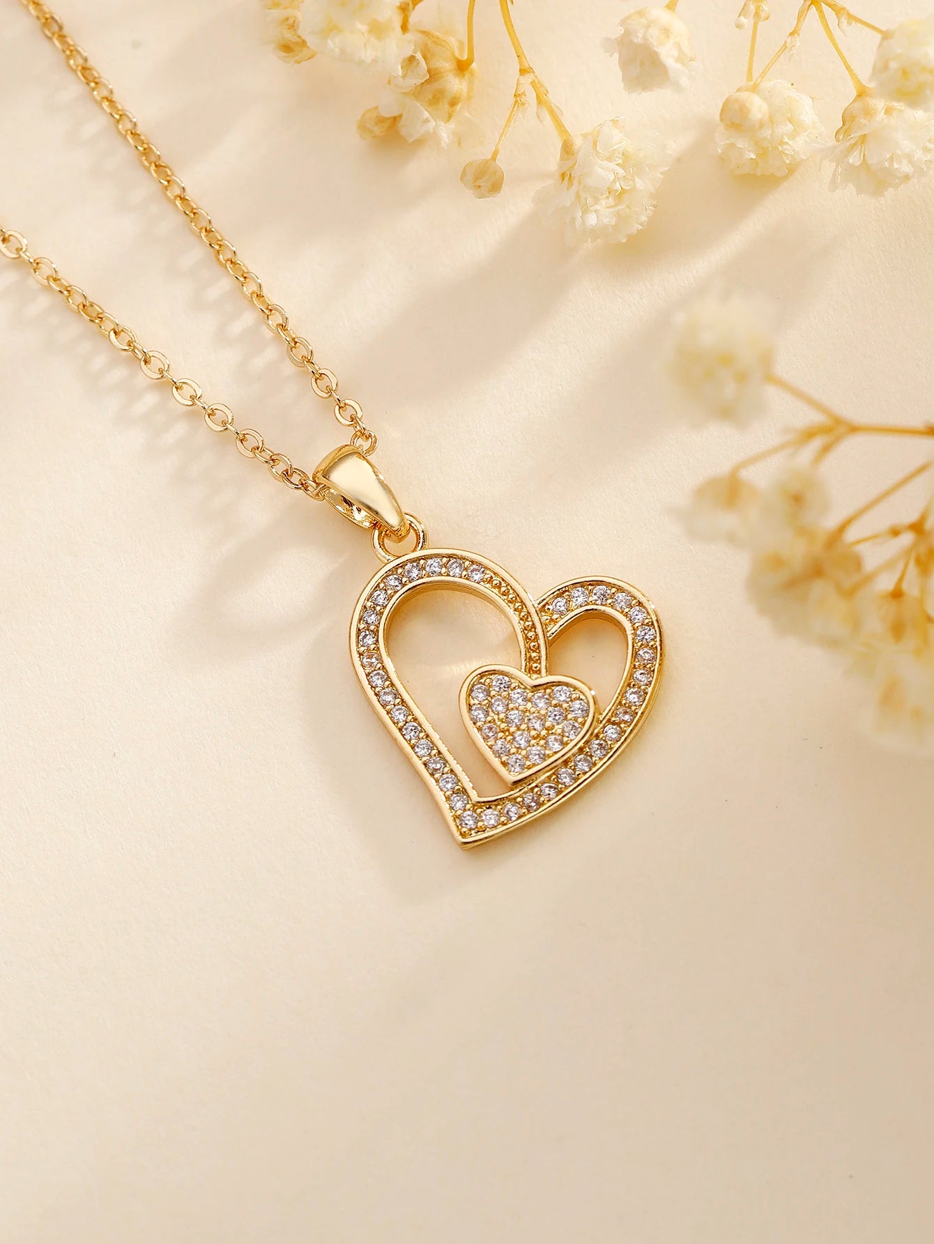Luxury 18K Gold-Plated Double Love Zircon Pendant Necklace