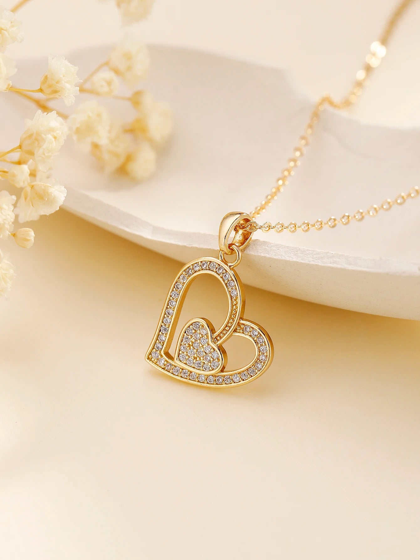 Luxury 18K Gold-Plated Double Love Zircon Pendant Necklace