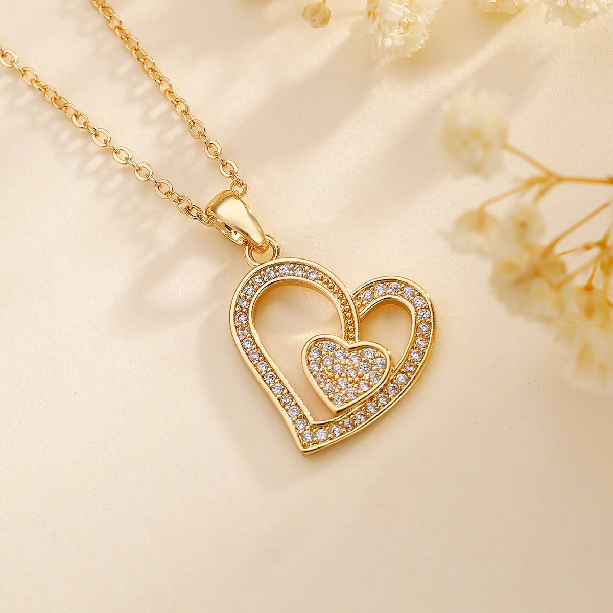 Luxury 18K Gold-Plated Double Love Zircon Pendant Necklace