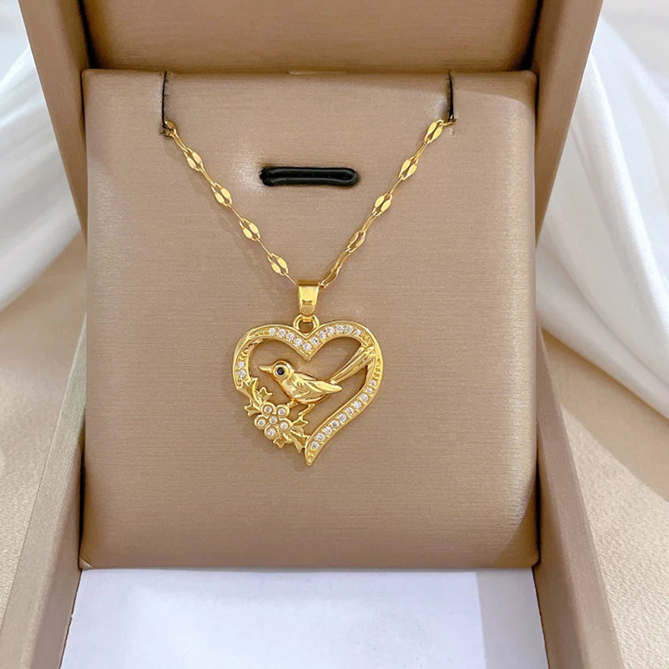 Gold-Color Heart Zircon Pendant Necklace – Stainless Steel Romantic Jewelry for Women & Couples