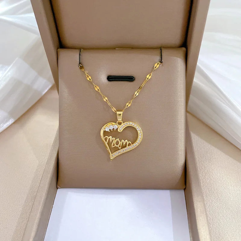 Gold-Color Heart Zircon Pendant Necklace – Stainless Steel Romantic Jewelry for Women & Couples