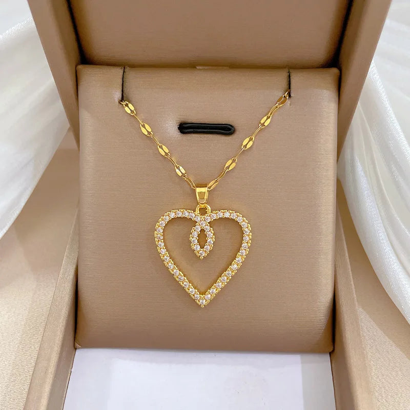Gold-Color Heart Zircon Pendant Necklace – Stainless Steel Romantic Jewelry for Women & Couples