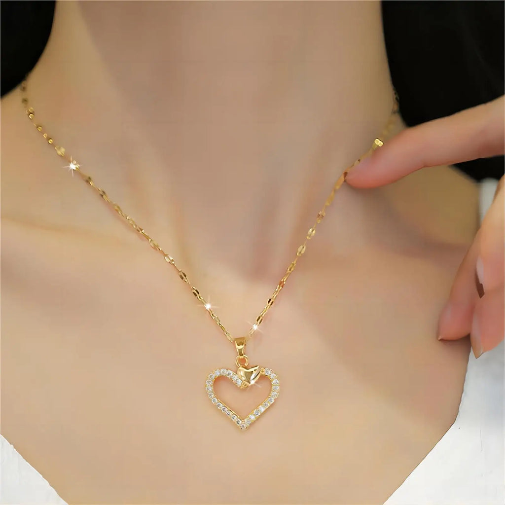Gold-Color Heart Zircon Pendant Necklace – Stainless Steel Romantic Jewelry for Women & Couples