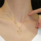 Gold-Color Heart Zircon Pendant Necklace – Stainless Steel Romantic Jewelry for Women & Couples