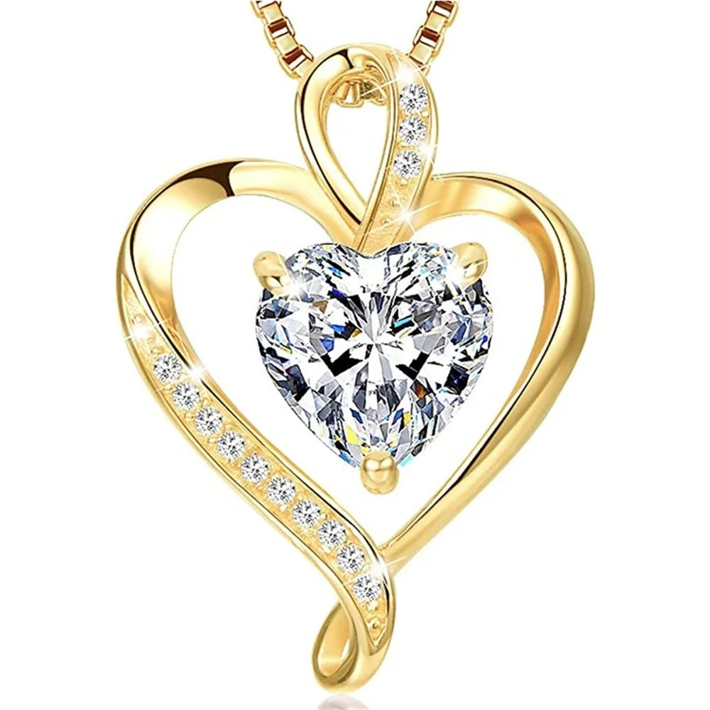 Crystal White Zircon Heart Pendant Necklace in Vintage Gold Tone