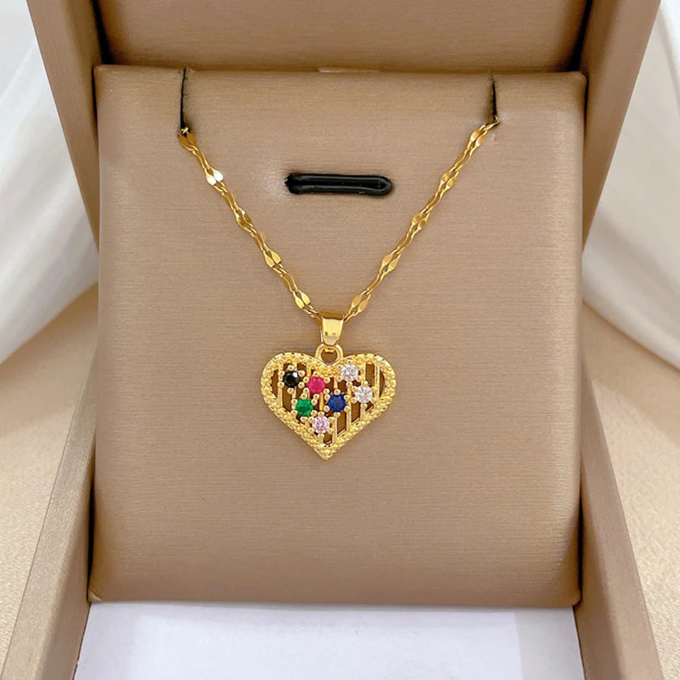 Gold-Color Heart Zircon Pendant Necklace – Stainless Steel Romantic Jewelry for Women & Couples