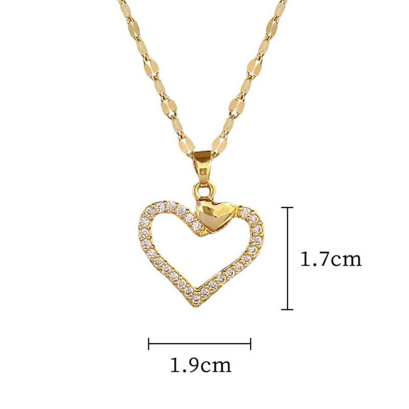 Gold-Color Heart Zircon Pendant Necklace – Stainless Steel Romantic Jewelry for Women & Couples