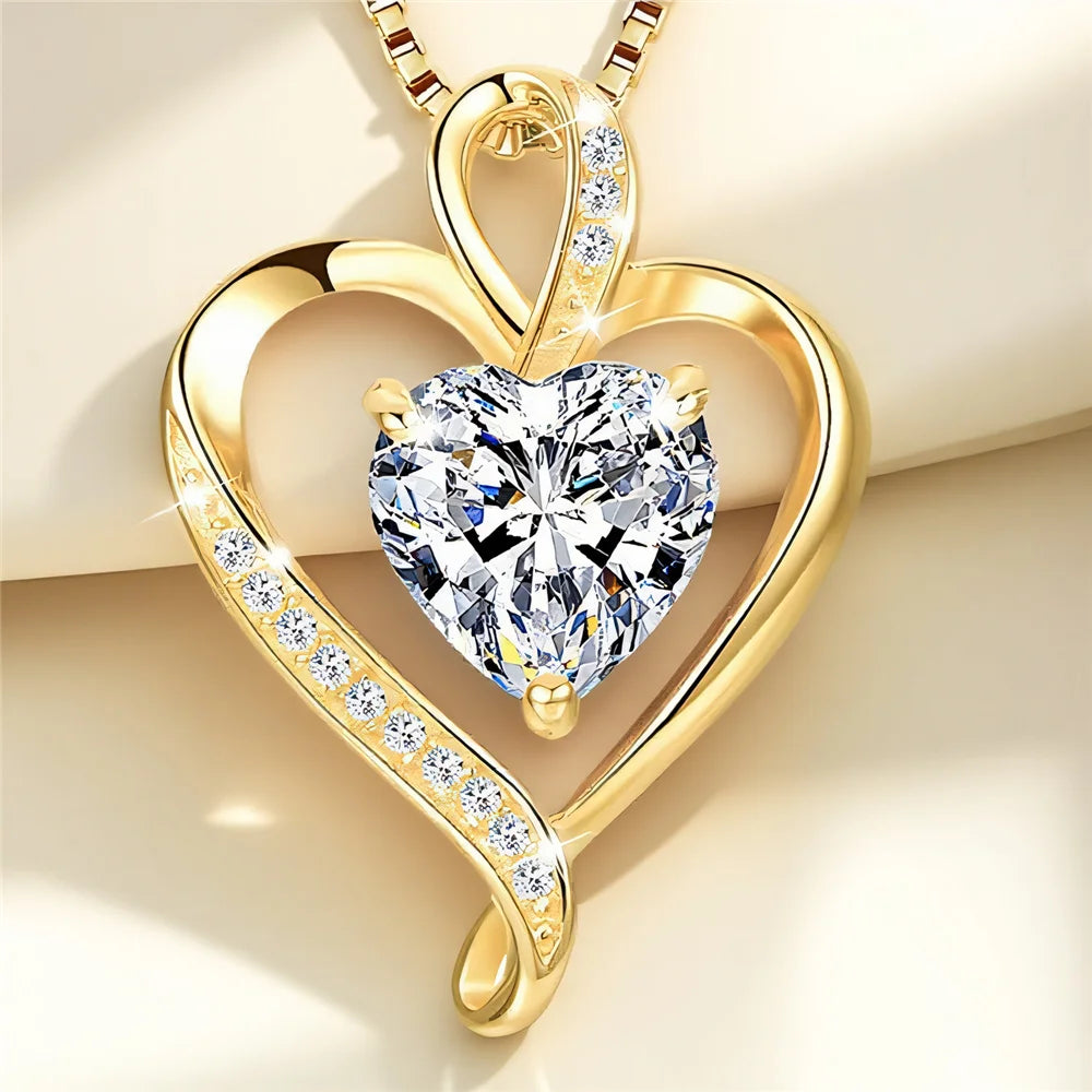 Crystal White Zircon Heart Pendant Necklace in Vintage Gold Tone