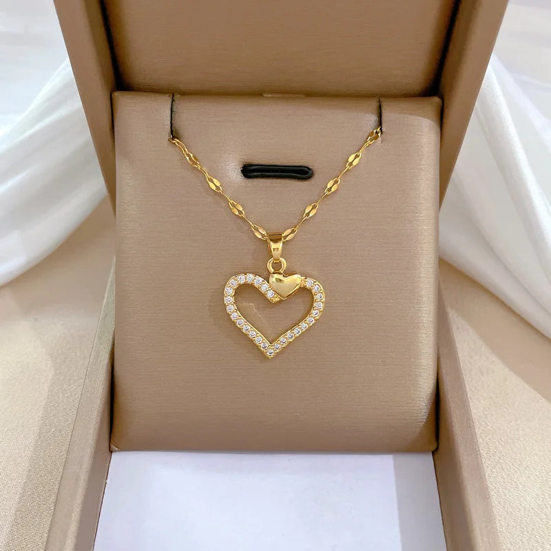 Gold-Color Heart Zircon Pendant Necklace – Stainless Steel Romantic Jewelry for Women & Couples