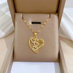 Gold-Color Heart Zircon Pendant Necklace – Stainless Steel Romantic Jewelry for Women & Couples