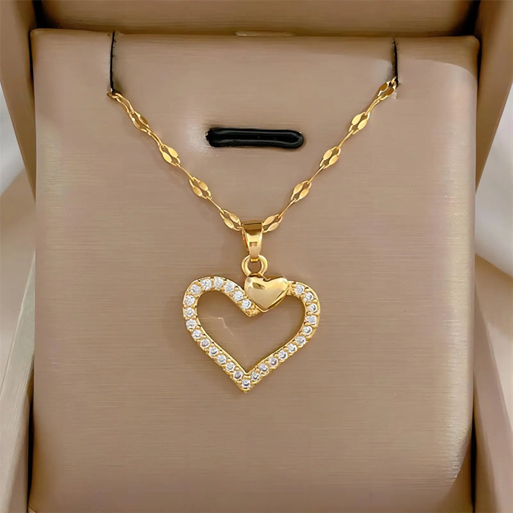 Gold-Color Heart Zircon Pendant Necklace – Stainless Steel Romantic Jewelry for Women & Couples