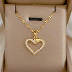 Gold-Color Heart Zircon Pendant Necklace – Stainless Steel Romantic Jewelry for Women & Couples