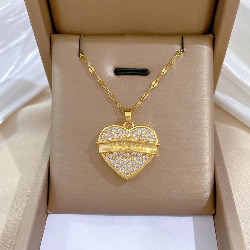 Gold-Color Heart Zircon Pendant Necklace – Stainless Steel Romantic Jewelry for Women & Couples