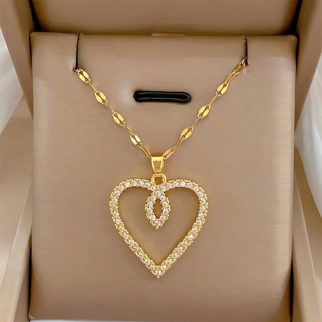 Gold-Color Heart Zircon Pendant Necklace – Stainless Steel Romantic Jewelry for Women & Couples