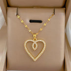 Gold-Color Heart Zircon Pendant Necklace – Stainless Steel Romantic Jewelry for Women & Couples