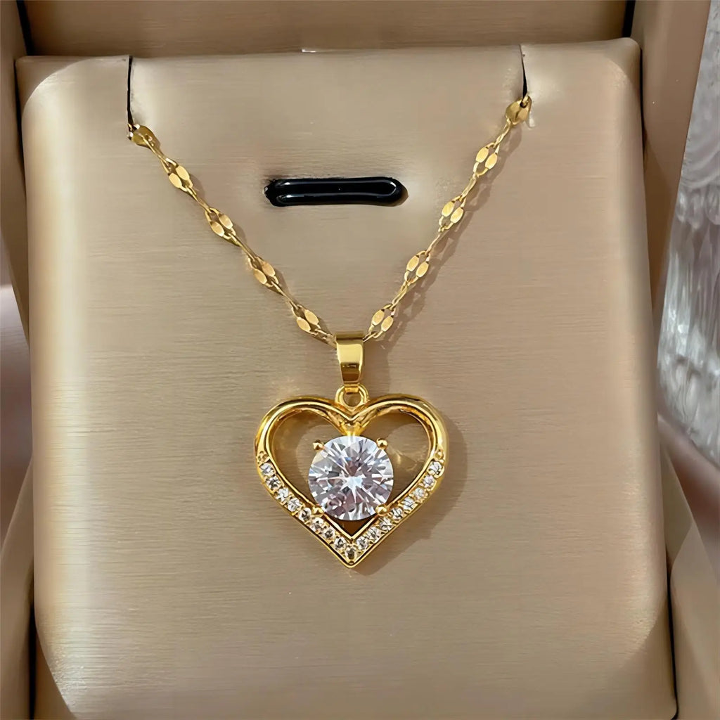 Gold-Color Heart Zircon Pendant Necklace – Stainless Steel Romantic Jewelry for Women & Couples