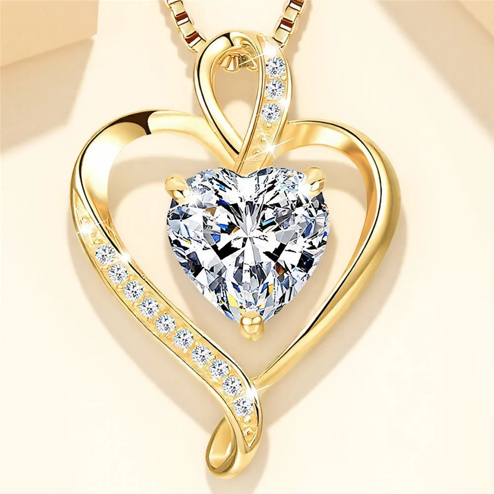 Crystal White Zircon Heart Pendant Necklace in Vintage Gold Tone