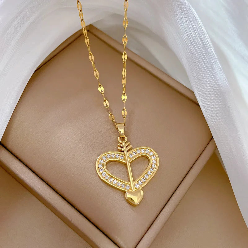 Gold-Color Heart Zircon Pendant Necklace – Stainless Steel Romantic Jewelry for Women & Couples
