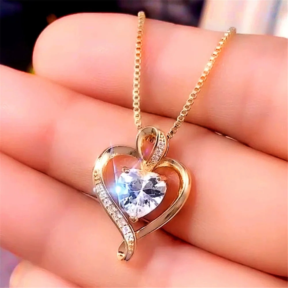 Crystal White Zircon Heart Pendant Necklace in Vintage Gold Tone