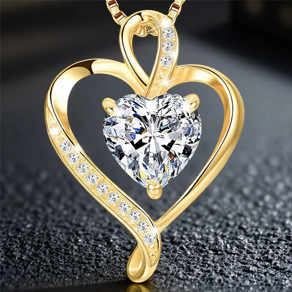 Crystal White Zircon Heart Pendant Necklace in Vintage Gold Tone